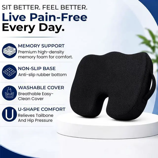 Alt view image 2 of 7 - Premium Orthopedic Memory Foam Seat Cushion for Office Chair & Car Seat .Ergonomic U-Shape Coccyx Pillow for Tailbone & Sciatica Pain Relief Lower Back Problems and Long Sitting Comfort. (Black)