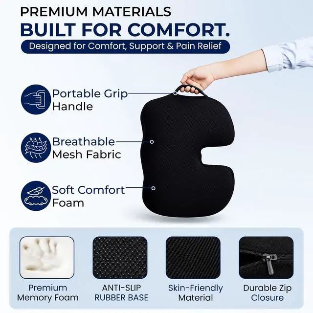 Alt view image 6 of 7 - Premium Orthopedic Memory Foam Seat Cushion for Office Chair & Car Seat .Ergonomic U-Shape Coccyx Pillow for Tailbone & Sciatica Pain Relief Lower Back Problems and Long Sitting Comfort. (Black)