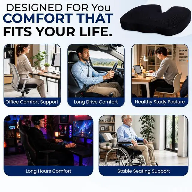Alt view image 5 of 7 - Premium Orthopedic Memory Foam Seat Cushion for Office Chair & Car Seat .Ergonomic U-Shape Coccyx Pillow for Tailbone & Sciatica Pain Relief Lower Back Problems and Long Sitting Comfort. (Black)
