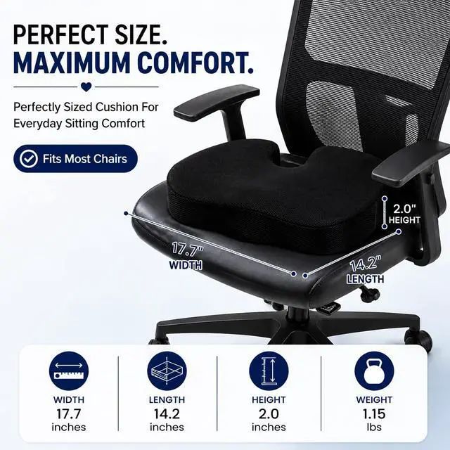 Alt view image 4 of 7 - Premium Orthopedic Memory Foam Seat Cushion for Office Chair & Car Seat .Ergonomic U-Shape Coccyx Pillow for Tailbone & Sciatica Pain Relief Lower Back Problems and Long Sitting Comfort. (Black)