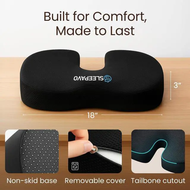Alt view image 3 of 6 - Office Chair Cushion - Seat Cushion for Tailbone Pain Relief - Butt Pillow for Coccyx, Sciatica, and Lower Back Pain - Orthopedic Chair Pad for Lumbar Support in Office Desk, Car, Airplane