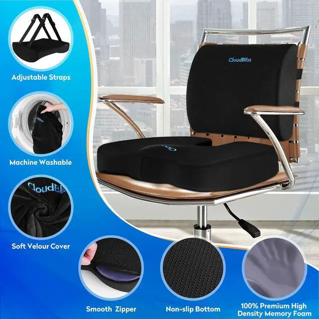 Alt view image 6 of 7 - Lumbar Support Pillow & Seat Cushion Set for Office Chair, Desk Chair, Wheelchair & Car Memory Foam Back Support, Ergonomic Chair Cushions, Sciatica Pain Relief, Home Essentials, Black