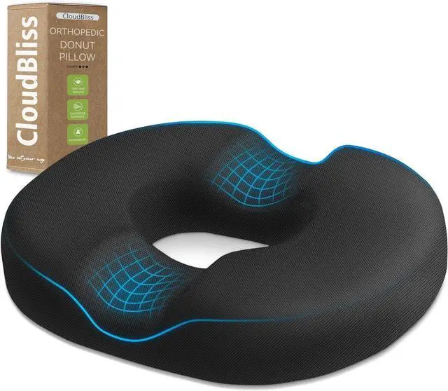 Main image of Donut Pillow Stadium Seat Cushion for Tailbone Pain Relief and Hemorrhoids, Memory Foam Seat Chair Cushion for Postpartum Pregnancy, Portable Seat Cushions for Bleachers, Car, Home & Office, Black