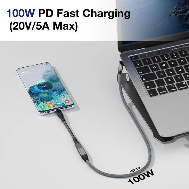Alt view image 4 of 6 - 90 Degree USB C Extension Cable 1ft, 100W Short USBC Male to USBC Female Cable, USB-C Extender Cord, 100W Charging, 20Gbps Data, 4K Video for iPhone 16 15, MacBook Pro/Air, iPad Pro, Dell XPS