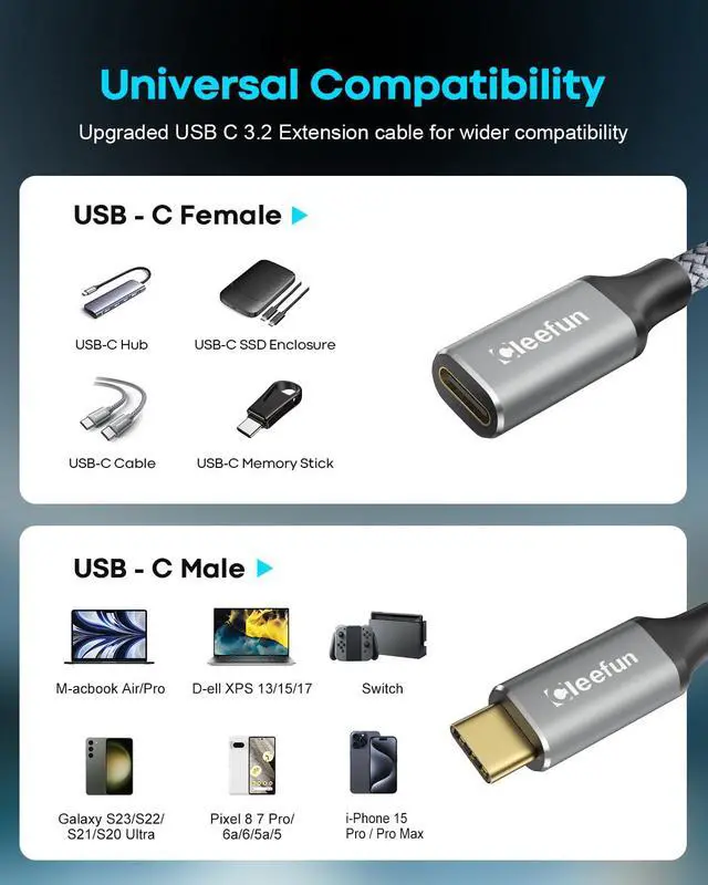 Alt view image 5 of 7 - Short USB-C Extension Cable (1ft, 2-Pack), USB-C Male to Female, 10Gbps Data & 4K Video Sync, 100W Fast Charging for Laptop, Tablet, Phone