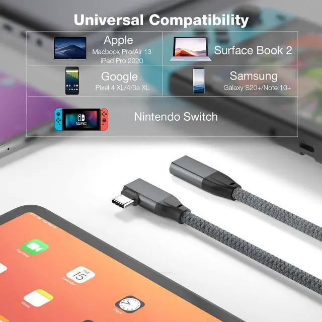 Alt view image 7 of 7 - USB C Extension Cable Right Angle 0.3M/1FT, 90 Degree USB-C 3.2 Female to Male Cable 20Gbps, 4K@60Hz Video Output Type C Extender for iPhone 17 16, MacBook Pro Air, iPad, Magsafe Charger