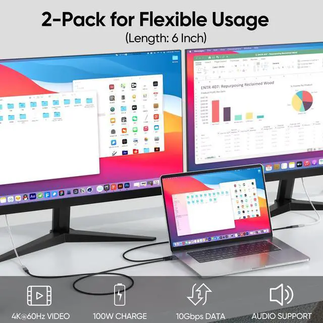 Alt view image 3 of 7 - Short USB C Extension Cable 6 inch 2-Pack, USB 3.2 Gen 2 Type C Extender Full-Function Cord 100W Fast Charging 10Gbps Transfer 4K@60Hz Video for Hub Mobile Phone Tablet Monitor Laptop Desktop Computer