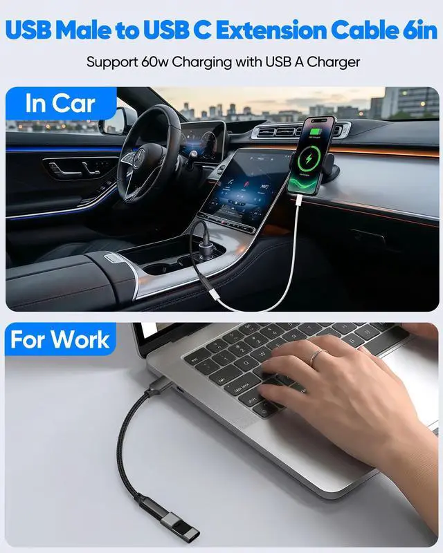 Alt view image 4 of 7 - USB C Female to USB Male Adapter 2-Pack, 10Gbps Short USB C Female to USB A Male Extension Cable 6in, USB 3.2 Gen 2 OTG,60W &3A Charging USBA to USBC Adapter Cable for Laptop,PC,U Disk,Mag-safe