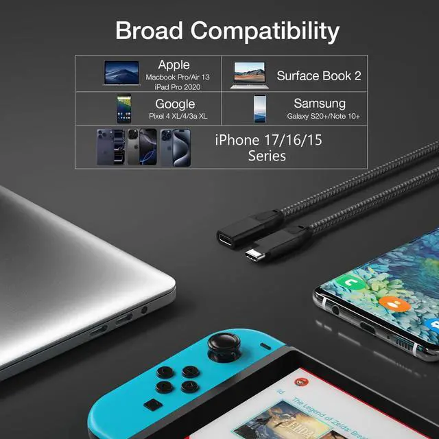 Alt view image 7 of 7 - USB C Extension Cable 1FT 2Pack, USB-C 3.2 Gen2 20Gbps Male to Female 4K Video Cord, Type-C Extender, for MacBook Pro M4 M3, iPad mini Air Pro, Dell XPS, Surface, Galaxy S25 S24, iPhone 16