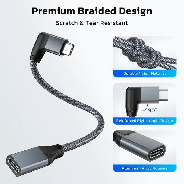 Alt view image 4 of 7 - Right Angle USB C Extension Cable 0.66FT,90 Degree Type C 3.2 Gen2 Female to Male Extender Short Cord,L Shape Thunderbolt 3 Lead for iPhone 17e 16 15,iPad Air,Nintendo Switch,Samsung Galaxy S26