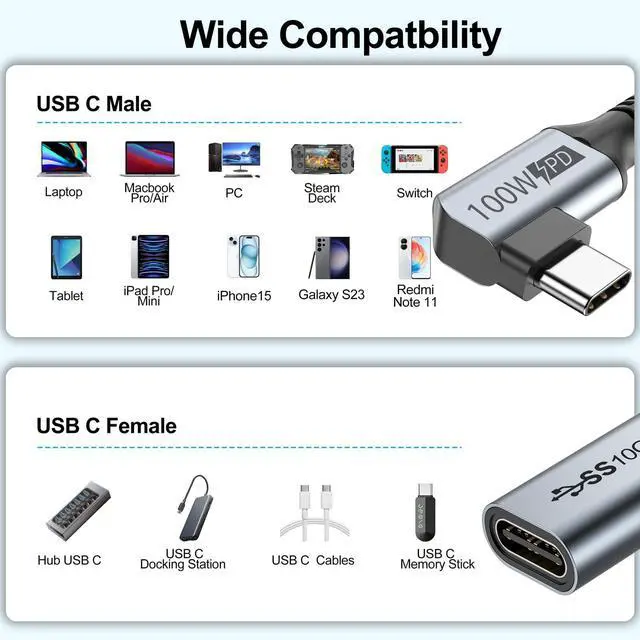 Alt view image 2 of 7 - USB C Extension Cable, USBC Right Angle Extender Cord 6 FT USB 3.1(10Gbps) Male to Female 100W Fast Charging Cable Compatible for MacBook Pro/Air, Switch, Laptop, Tablet and Mobile Phone