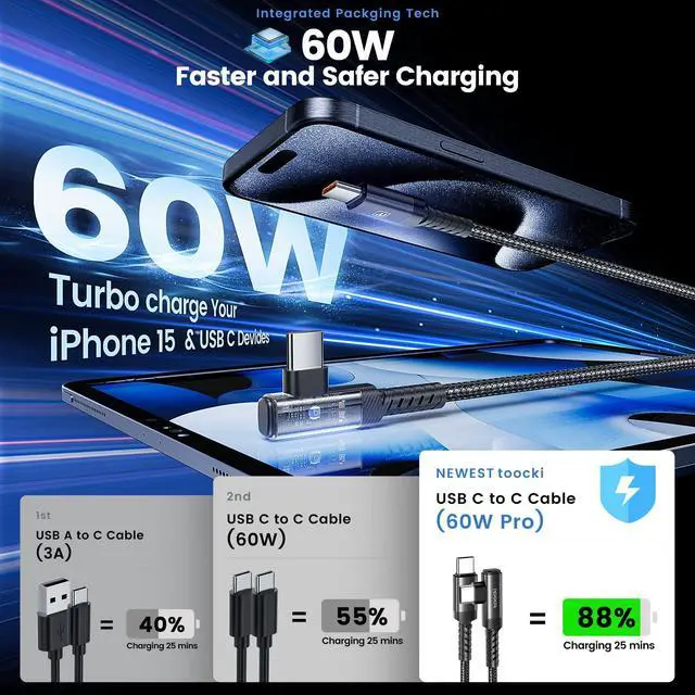 Alt view image 2 of 7 - USB-C to USB-C Charger Cable (6.6ft, 2Pack), 60W Type-C Charging Cord, Right Angle Fast Charging for iPhone 17 16 15 Pro Plus Pro Max Air/MacBook Air/Samsung S25 Ultra/S24 - Black