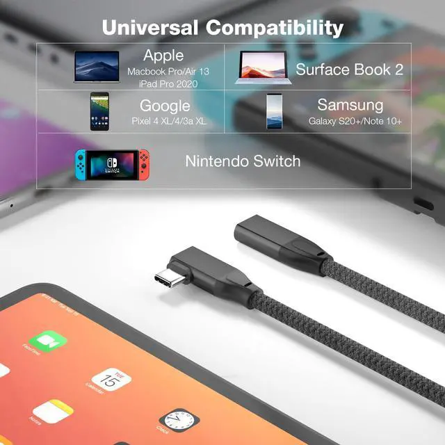 Alt view image 7 of 7 - USB C Extension Cable Right Angle 0.3M/1FT, 90 Degree USB-C 3.2 Female to Male Cable 20Gbps, 4K@60Hz Video Output Type C Extender for iPhone 17 16, MacBook Pro Air, iPad, Magsafe Charger