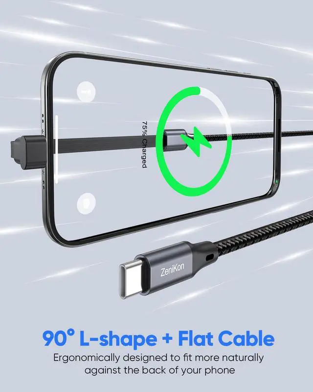 Alt view image 5 of 7 - USB C to USB C Cable Right Angle 6FT, 60W Type C Fast Charging Cable, 90 Degree C Port Flat Cord Compatible with iPhone 17/16/15 Series, Galaxy S25/S24/S23, Pixel, iPad Pro/Air, MacBook
