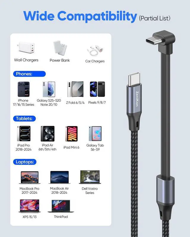 Alt view image 6 of 7 - USB C to USB C Cable Right Angle 6FT, 60W Type C Fast Charging Cable, 90 Degree C Port Flat Cord Compatible with iPhone 17/16/15 Series, Galaxy S25/S24/S23, Pixel, iPad Pro/Air, MacBook