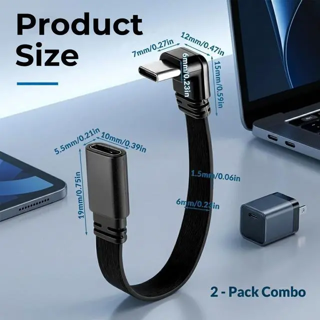 Alt view image 2 of 7 - 2Pcs 90 Degree USB-C Extension Cable Flat 4inch Male to Female USB C to USBC Right Angle USBC Charging Cable 10cm, 3.3FT