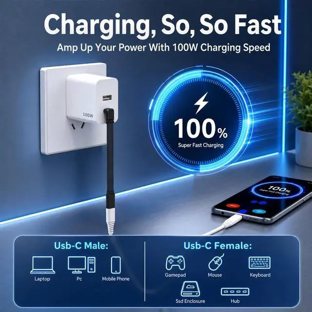 Alt view image 4 of 7 - 2Pcs 90 Degree USB-C Extension Cable Flat 4inch Male to Female USB C to USBC Right Angle USBC Charging Cable 10cm, 3.3FT