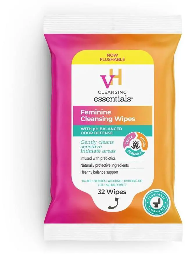 Main image of Flushable Feminine Cleansing Wipes, 32 Ct | pH Balanced, Prebiotics, Tea Tree Oil, Aloe, Witch Hazel, Odor-Blocking Formula, Paraben, Alcohol, and Fragrance-Free