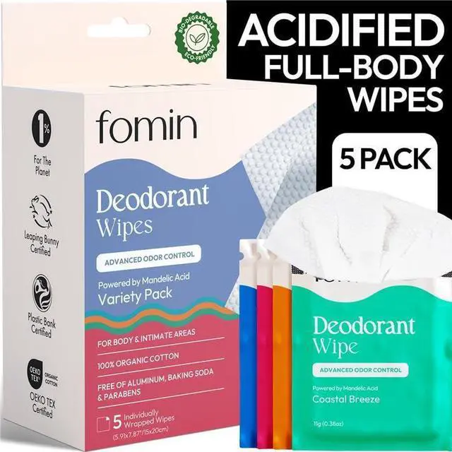 Main image of Acidified Deodorant Wipes for Women & Men - 5 Count Variety Pack | Individually Wrapped Mini Deodorant Wipes, Travel Size - Plastic-Free, pH Balanced Underarm & Body Wipes - Fits Any Bag
