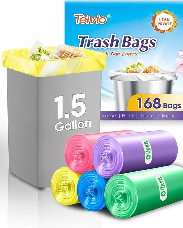 Main image of Small Colorful Clear Trash Bags 1.5 Gallon 168 Count Garbage Bags | Fit 4-5 Liters,1,1.3,1.5Gal,Multicolor Mini Plastic Waste Basket Bins Can Liners for Home Bathroom Office Car dog poop bags