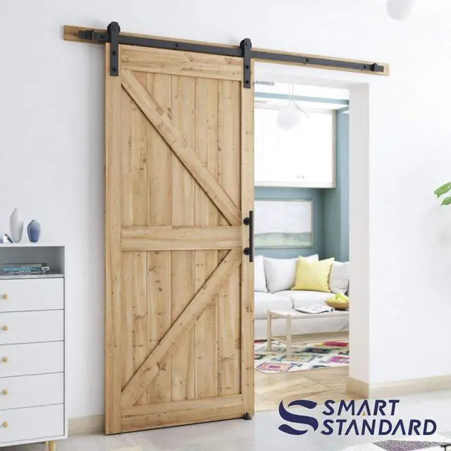 Alt view image 2 of 7 - 6.8 FT Heavy Duty Sturdy Sliding Barn Door Hardware Kit,Black | (Whole Set Includes 1x Pull Handle Set & 1x Floor Guide) Fit 36"-40" Wide Door Panel (I Shape Hanger)