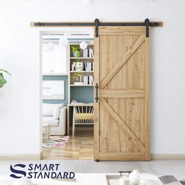 Alt view image 3 of 7 - 6.8 FT Heavy Duty Sturdy Sliding Barn Door Hardware Kit,Black | (Whole Set Includes 1x Pull Handle Set & 1x Floor Guide) Fit 36"-40" Wide Door Panel (I Shape Hanger)