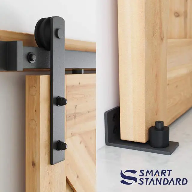 Alt view image 4 of 7 - 6.8 FT Heavy Duty Sturdy Sliding Barn Door Hardware Kit,Black | (Whole Set Includes 1x Pull Handle Set & 1x Floor Guide) Fit 36"-40" Wide Door Panel (I Shape Hanger)