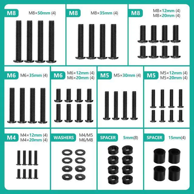 Alt view image 2 of 7 - Universal TV Mount Hardware Kit, M4,M5,M6,M8 Screws with Box, Black | Replacement Screws, Washers, Spacers Fits TVs/ Monitors Up To 80" Universal Kit For VESA Mounting