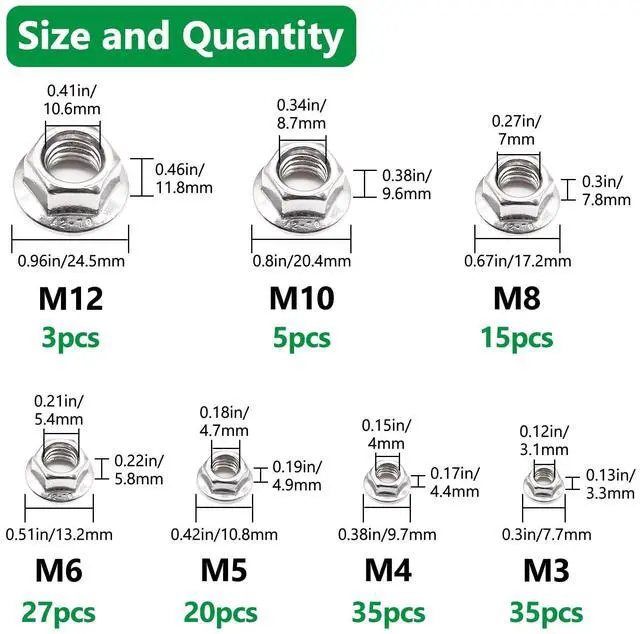 Alt view image 2 of 6 - 140PCS 7 Metric Sizes 304 Stainless Steel Hex Flange Nuts Assortment Kit -M3, M4, M5, M6, M8, M10, M12
