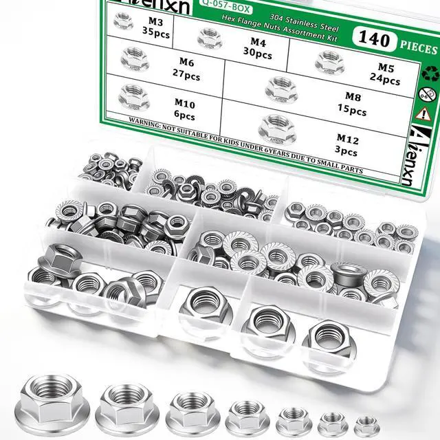 Main image of 140PCS 7 Metric Sizes 304 Stainless Steel Hex Flange Nuts Assortment Kit -M3, M4, M5, M6, M8, M10, M12