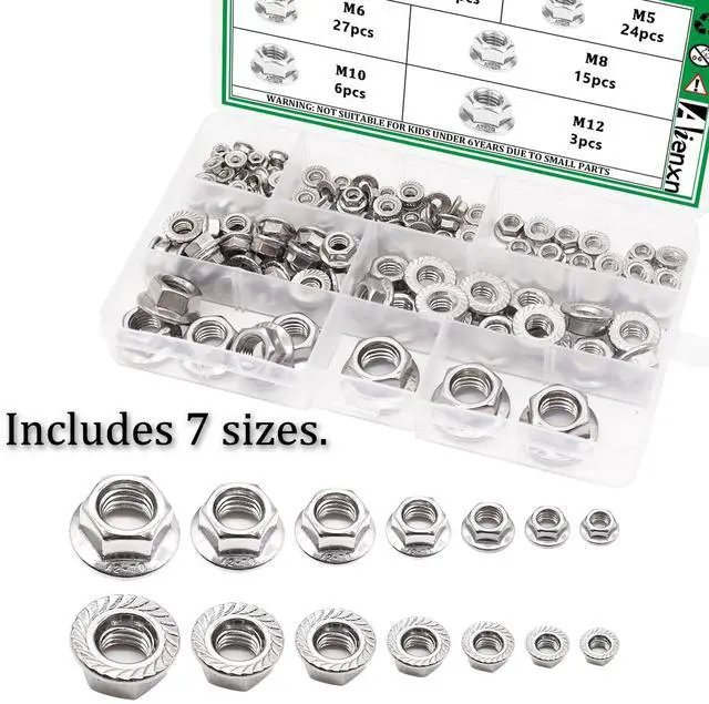 Alt view image 4 of 6 - 140PCS 7 Metric Sizes 304 Stainless Steel Hex Flange Nuts Assortment Kit -M3, M4, M5, M6, M8, M10, M12