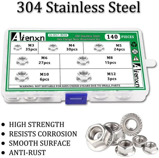 Alt view image 3 of 6 - 140PCS 7 Metric Sizes 304 Stainless Steel Hex Flange Nuts Assortment Kit -M3, M4, M5, M6, M8, M10, M12