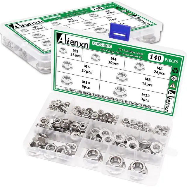 Alt view image 6 of 6 - 140PCS 7 Metric Sizes 304 Stainless Steel Hex Flange Nuts Assortment Kit -M3, M4, M5, M6, M8, M10, M12