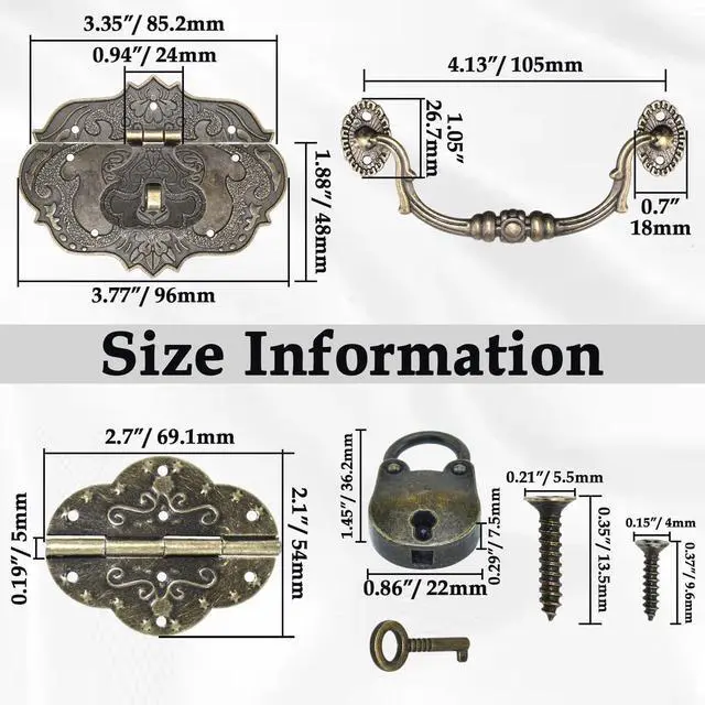 Alt view image 2 of 6 - Vintage Locking Carrying Handle Hinge Kit with Screws, Antique Bronze Decorative Hardware, Furniture Accessory for DIY Jewelry Box Decoration