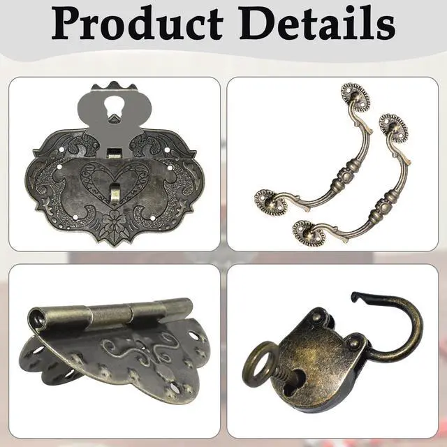 Alt view image 3 of 6 - Vintage Locking Carrying Handle Hinge Kit with Screws, Antique Bronze Decorative Hardware, Furniture Accessory for DIY Jewelry Box Decoration