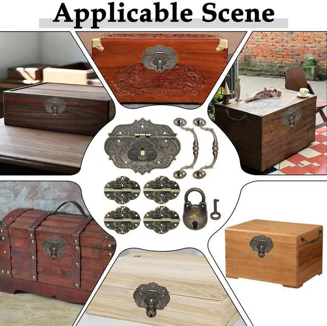 Alt view image 6 of 6 - Vintage Locking Carrying Handle Hinge Kit with Screws, Antique Bronze Decorative Hardware, Furniture Accessory for DIY Jewelry Box Decoration