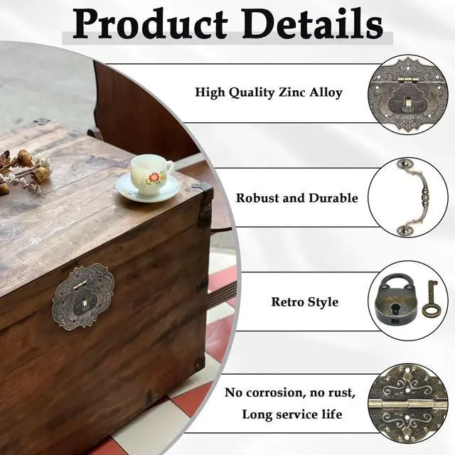 Alt view image 5 of 6 - Vintage Locking Carrying Handle Hinge Kit with Screws, Antique Bronze Decorative Hardware, Furniture Accessory for DIY Jewelry Box Decoration