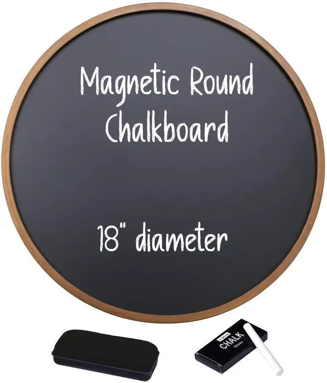 Main image of Round Magnetic Chalkboard with Wooden Frame for Office and Home, 18x18 inches with Mounting Hardware, 4-Piece Chalk Set, and Eraser Included (Rustic Brown)
