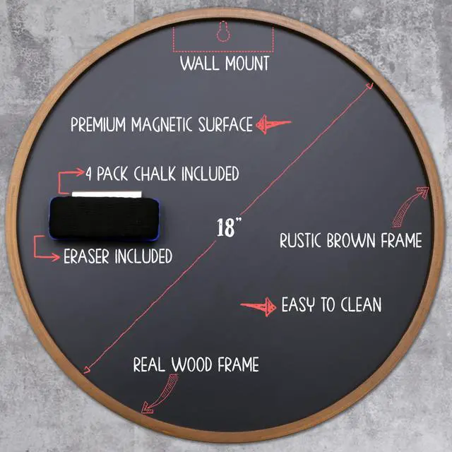 Alt view image 2 of 7 - Round Magnetic Chalkboard with Wooden Frame for Office and Home, 18x18 inches with Mounting Hardware, 4-Piece Chalk Set, and Eraser Included (Rustic Brown)