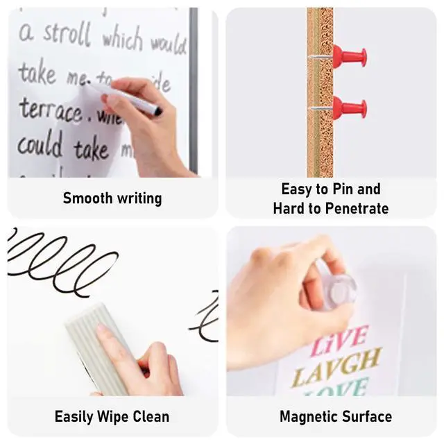 Alt view image 3 of 6 - Cork Board Magnetic Dry Erase Board Combo, 24 x 18 Inches Whiteboard and Bulletin Board Combination, Aluminum Frame Vision Board with 4 Dry Erase Markers, 4 Magnets, Eraser, Push Pins