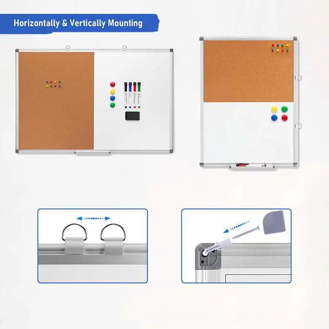 Alt view image 4 of 6 - Cork Board Magnetic Dry Erase Board Combo, 24 x 18 Inches Whiteboard and Bulletin Board Combination, Aluminum Frame Vision Board with 4 Dry Erase Markers, 4 Magnets, Eraser, Push Pins