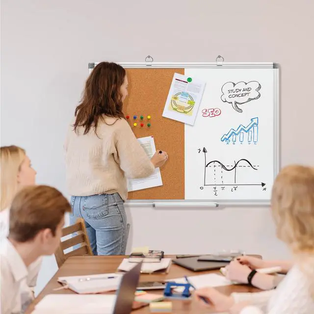 Alt view image 6 of 6 - Cork Board Magnetic Dry Erase Board Combo, 24 x 18 Inches Whiteboard and Bulletin Board Combination, Aluminum Frame Vision Board with 4 Dry Erase Markers, 4 Magnets, Eraser, Push Pins
