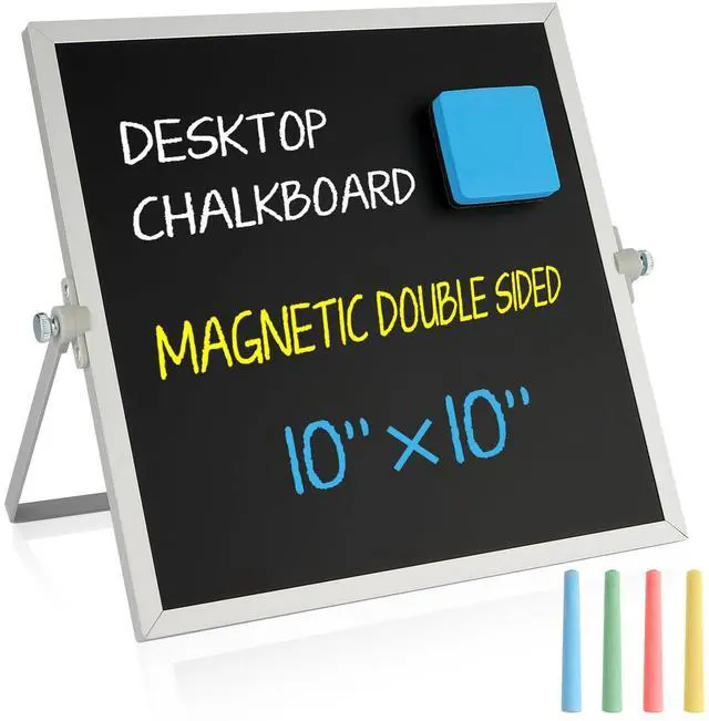 Main image of Small Magnetic Chalk Board Easel 10"X10", Double-Sided Tabletop & Wall Hanging Chalkboard with 4 Chalks & Eraser, Desktop Mini Black Board Sign for Office Desk Home Menu and School