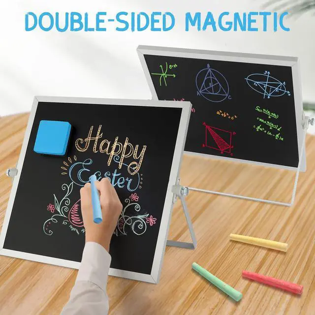 Alt view image 3 of 7 - Small Magnetic Chalk Board Easel 10"X10", Double-Sided Tabletop & Wall Hanging Chalkboard with 4 Chalks & Eraser, Desktop Mini Black Board Sign for Office Desk Home Menu and School
