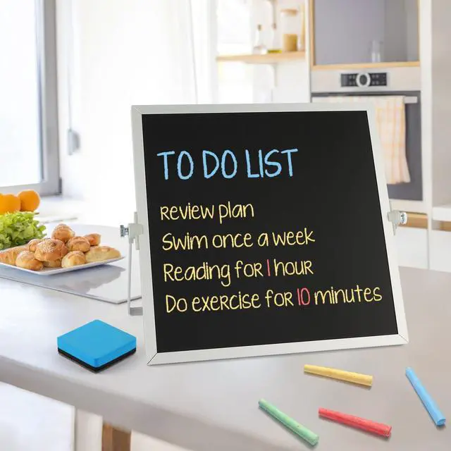 Alt view image 4 of 7 - Small Magnetic Chalk Board Easel 10"X10", Double-Sided Tabletop & Wall Hanging Chalkboard with 4 Chalks & Eraser, Desktop Mini Black Board Sign for Office Desk Home Menu and School