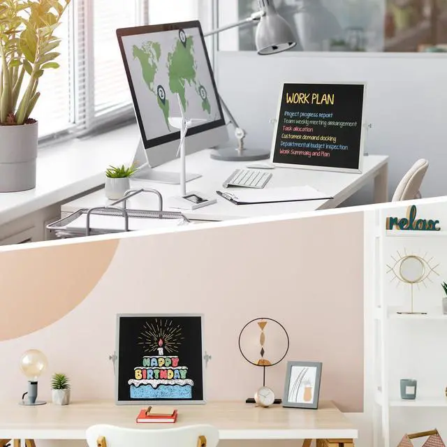 Alt view image 5 of 7 - Small Magnetic Chalk Board Easel 10"X10", Double-Sided Tabletop & Wall Hanging Chalkboard with 4 Chalks & Eraser, Desktop Mini Black Board Sign for Office Desk Home Menu and School