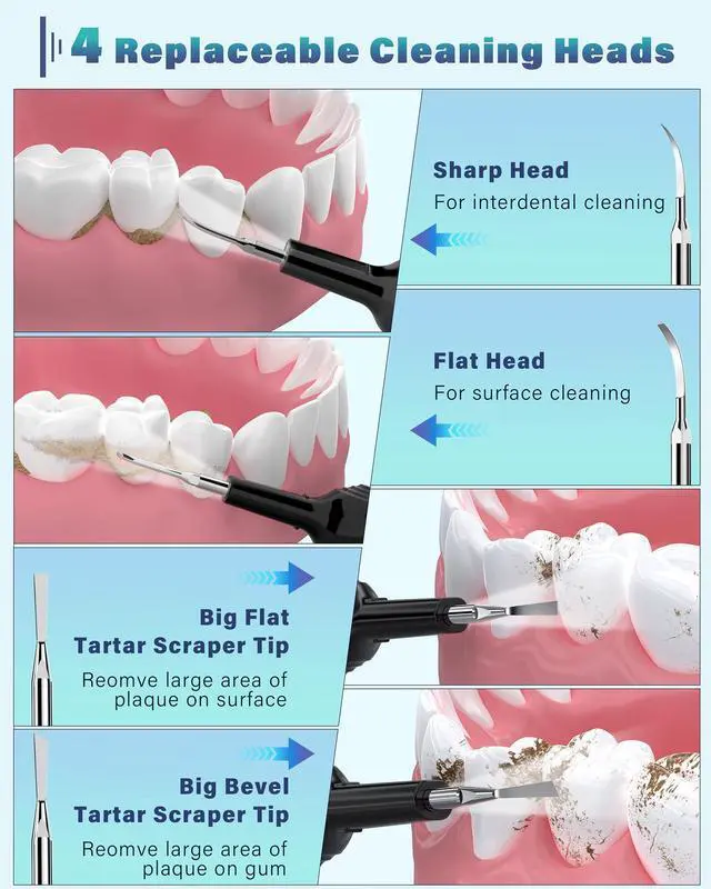Alt view image 6 of 7 - Plaque Remover for Teeth, Dental Cleaning Kit Tartar Remover for Teeth with LED Light & 5 Modes, Rechargeable Dental Cleaner, 4 Replaceable Heads