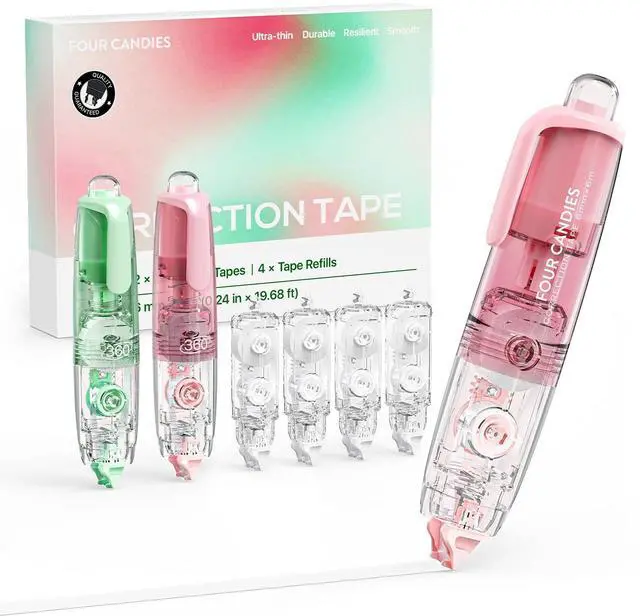 Main image of 2-Pack White Correction Tape, 118.1 ft, 6mm Width (Pink Green) | 4 Refill Tapes, Retractable, Smooth, Tear-Resistant, Cute Pen Shaped Applicator for Back to School Teen & Adults