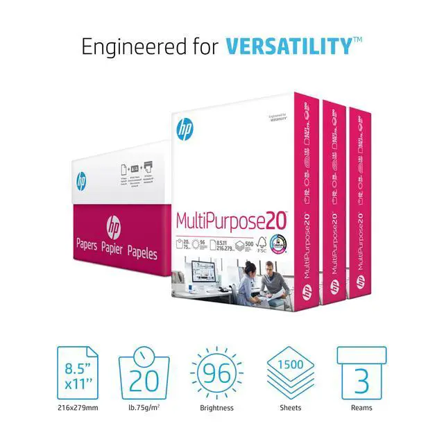 Alt view image 2 of 6 - HP Printer Paper | 8.5 x 11 Paper | MultiPurpose 20 lb | 3 Ream Case - 1500 Sheets | 96 Bright | Made in USA - FSC Certified | 112530C