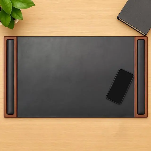Main image of Walnut & Black Leather 34" x 20" Side-Rail Desk Pad